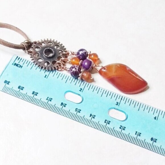 Snazzy! Orange Agate Purple Sea Sediment Jasper Copper Steampunk Suede Necklace - Picture 7 of 9